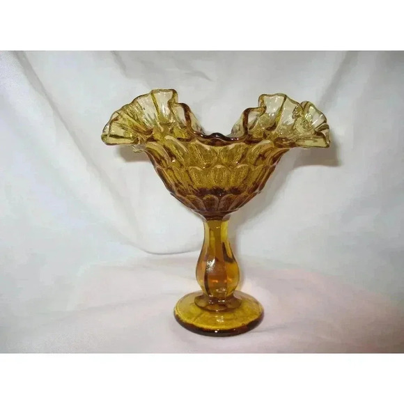 Vintage Amber Ruffle Compote Fenton Thumb print candy dish midcentury modern - Picture 1 of 5